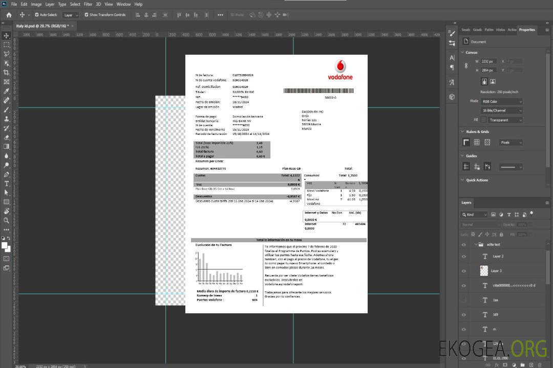 Modèle de facture de services publics pour les entreprises de télécommunications d'Espagne Vodafone aux formats Word et PDF template